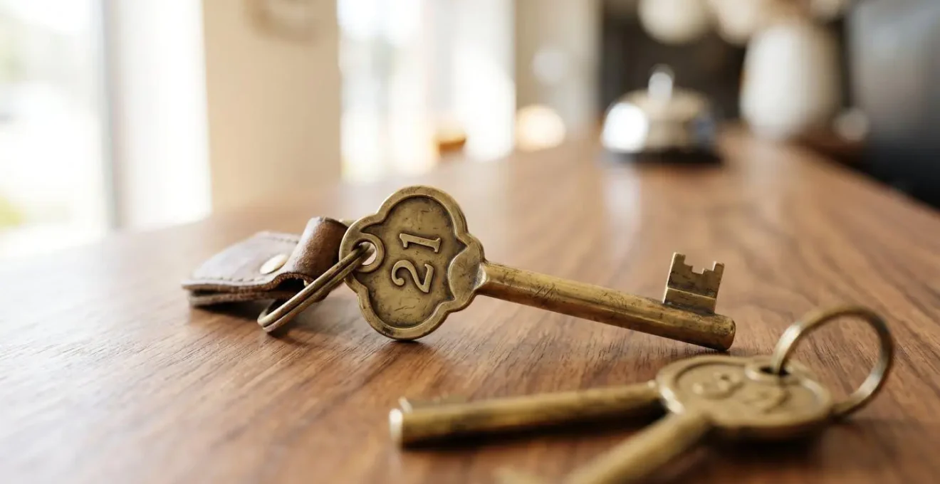Gros plan sur des clés d'hôtel anciennes posées sur un bureau de réception en bois, lumière naturelle latérale