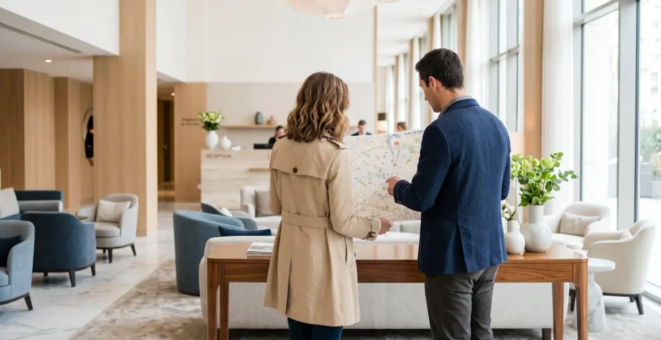 Un couple vu de dos consulte un plan de Paris dans le hall d'un hôtel élégant, lumière naturelle abondante
