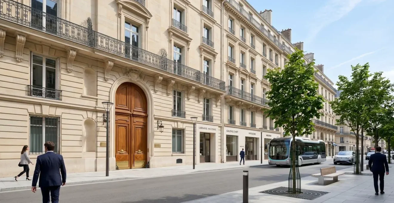 Façade élégante d'un immeuble haussmannien typique du 8ème arrondissement de Paris avec entrée d'hôtel, jour lumineux