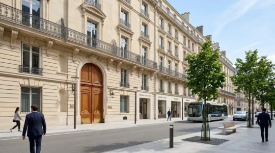 Façade élégante d'un immeuble haussmannien typique du 8ème arrondissement de Paris avec entrée d'hôtel, jour lumineux